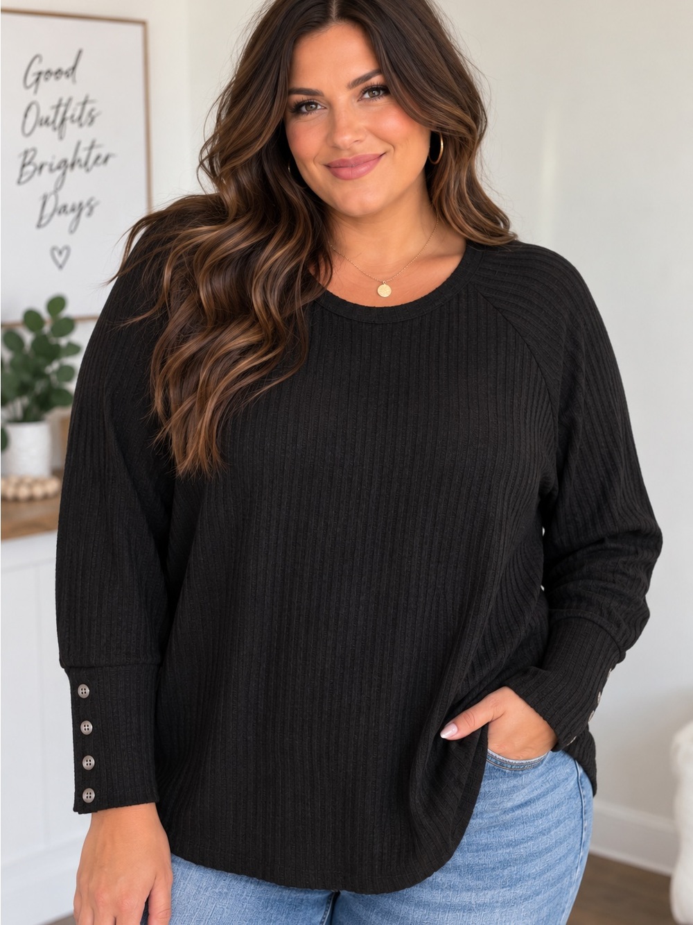 Chaser Black Waffle Knit Long Sleeve Top XXL Button Cuff Cutout